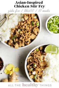 An easy 10 minute stir fry dinner made with ground chicken, fresh ginger, and green onion. Flavorful and healthy, this Asian chicken stir fry is a super fast recipe that comes together in minutes and is perfect for a quick lunch or weeknight dinner. Not only is this recipe delicious, it is also Whole30 compliant, Paleo friendly, and gluten free. Paleo Asian Chicken, Ground Chicken Recipes Easy, Asian Chicken Stir Fry, Keto Bowls, Stir Fry Dinner, Pantry Meals, Easy Whole 30 Recipes, Chicken Fresh