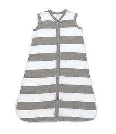 a grey and white striped sleeping bag