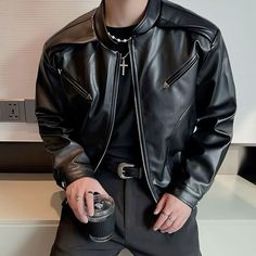 Black Leather Aesthetic Men, Badboy Outfit Man, Men With Leather Jacket, Leather Jacket Outfit Men Aesthetic, Badboy Aesthetics, Starboy Jacket, Mens Starboy Outfits, Black Leather Jacket Outfit Men, Policeman Aesthetic