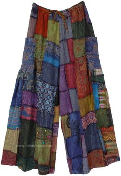 Revel in pure hippie bohemian aesthetic in these handmade patchwork wide leg pants! Made with soft and breathable organic cotton, these pants feature a purple overdye color scheme with unique patchwork designs that are sure to turn heads.  The wide legs offer a flowy and comfortable fit, perfect for bohemian and hippie-inspired styles. #tlb #SplitSkirtsPants #Patchwork #Striped #HippiePants Purple Clothing, Moda Hippie, Purple Color Schemes, Bohemian Pants, Look Festival, Hippie Pants, Bohemian Aesthetic, Hippie Look, Hippie Style Clothing