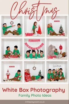 a christmas card with the words white box photography family photo ideas in red and green