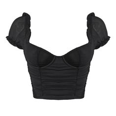 a black crop top with ruffles on the shoulders and shoulder, in front of a white background