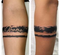 before and after photos of an arm tattoo with the word gnar written in cursive ink