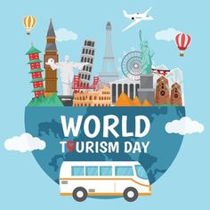 the world tourism day poster with an image of a bus and buildings in the background