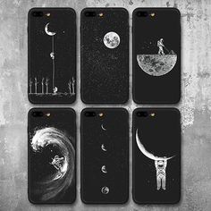 six phone cases with different designs on them, each featuring an astronaut and the moon