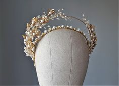 Asymmetric Bridal gold crown, Elf tiara, Fairytale princess crown ~MATERIALS~ -Austrian and Czech crystals  -Czech pearls and crystal beads -Gold tone filigree flowers ~SIZE~ Height 2 inch (5 cm) ~SHIPPING AND DELIVERY TIME~ This headpiece is ready to ship by 1-3 days The approximate time of shipment: - 10-16 days to Europe - 15-35 days to United States and other countries. ~IMPORTANT INFORMATION~ -Please allow as much time for shipping as possible before your important date ! I can't guarantee Flower Tiara Wedding, Elf Headpiece, Elf Tiara, Tiara Flower, Art Nouveau Weddings, Pearl Crown, Fairytale Princess, Flower Tiara, Crown Gold