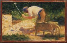 a painting of a man digging in the dirt with an old fashioned wheelbarrow