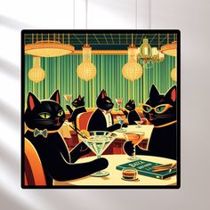 a group of cats sitting at a table with drinks in front of them and some lights hanging from the ceiling