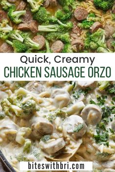 chicken sausage and broccoli casserole in a skillet with text overlay