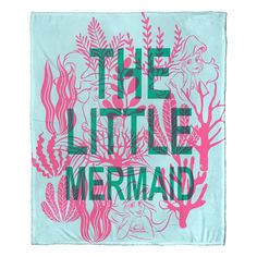 the little mermaid teal beach towel with pink and green lettering on it that says,'the little mermaid '