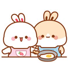 two cartoon rabbits are eating breakfast together