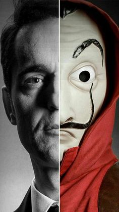 two different images of the same man in a red hoodie, one with a creepy mask on his face