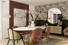 a dining room with pink chairs and a white table in front of a floral wallpaper