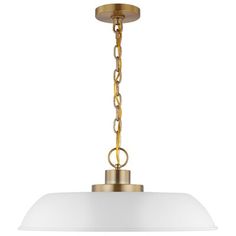 an antique brass finish pendant light with white glass shade and chain hanging from the ceiling