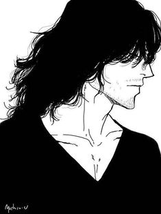 a black and white drawing of a man with long hair