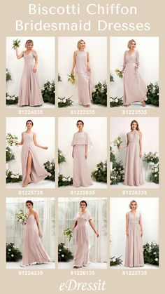 the bridesmaid dresses are all in different styles and colors, including one that is pink