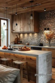 a kitchen with wooden cabinets and stone backsplash