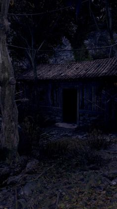 an old house in the woods at night with no one around it or on the ground