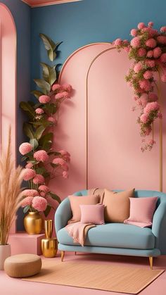 a living room with pink and blue walls, gold vases and flowers on the floor