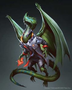 a green and red dragon is standing on its hind legs with his arms outstretched in the air