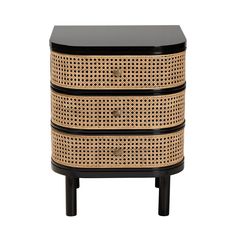 a black and brown cabinet with two drawers on it's sides, one drawer is made out of rattan