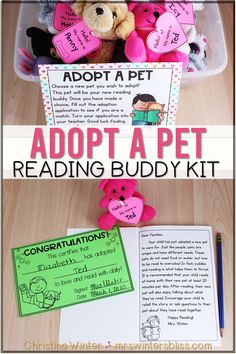 an adopt a pet reading buddy kit with pink teddy bears and writing paper in it