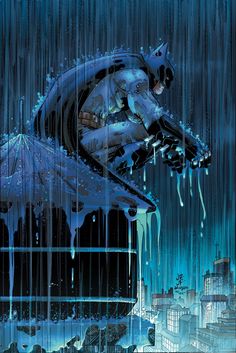 batman falling in the rain with blue water dripping from his face and hands on top of him