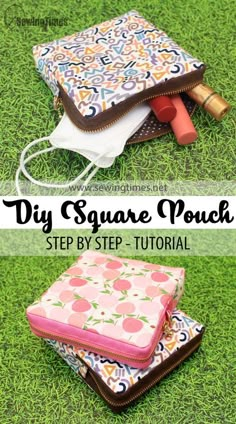 the diy square pouch sewing pattern is shown with instructions to make it