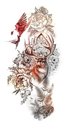 an artistic tattoo design with flowers and birds