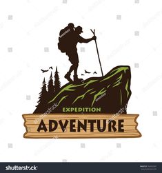 the logo for an adventure company with a hiker on top of a mountain and holding a