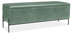 a green leather bench with metal legs and an open storage compartment on one side, viewed from the front