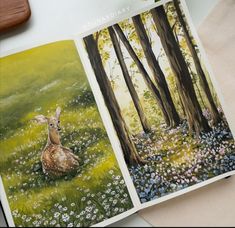 two paintings of deer sitting in the woods