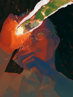 a painting of a man holding a cell phone to his ear and looking up at the sky