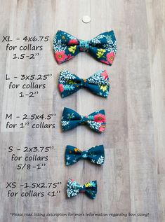 three bow ties are laid out on the floor with measurements for each one and two