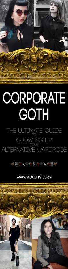 Corporate goth girlies ready to rock inside the office or out Goth Glow Up, Witchy Office Outfit, Gothic Business Casual Corporate Goth, Edgy Work Outfits Offices Corporate Goth, Corporate Goth Makeup, Corporate Goth Plus Size, Office Goth Work Outfits, Corp Goth Work Outfits, Goth Office Fashion