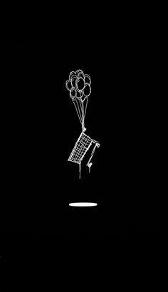 a black and white drawing of a solar panel with balloons floating in the dark sky