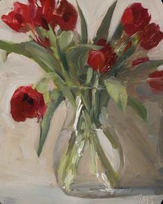 a painting of red flowers in a glass vase