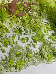 green plants and leaves are laid out on a white table cloth, with a hand reaching for them