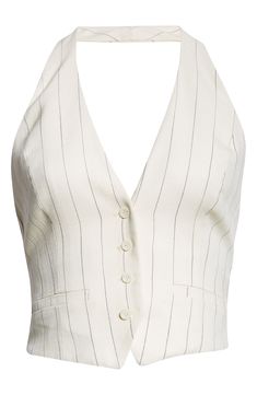 Perfect your next ensemble with this open-back halter vest featuring an adjustable half belt for a custom fit. 10 1/2" center front length (size 8) Front button closure Halter neck Adjustable back half belt Front welt pockets Lined 91% viscose, 8% polyester, 1% elastane Dry clean Imported Halter Vest, Vest White, Owl House, Welt Pockets, Monster High, Halter Neck, Black Stripes, Custom Fit, Rocky