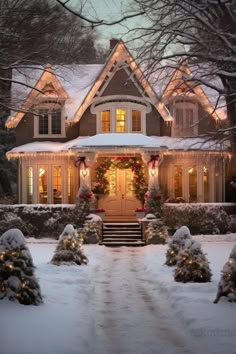 a house covered in christmas lights and wreaths on the front door is lit up