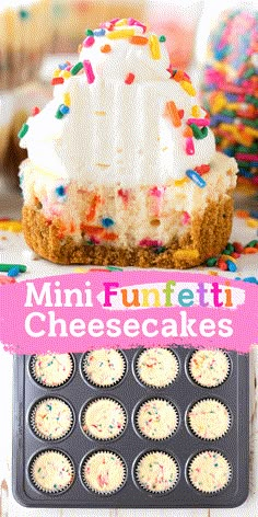 mini funfetti cheesecakes with white frosting and sprinkles