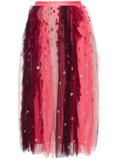 pink/multicolour chiffon tulle panels ruffled detailing vertical stripe pattern sequin embellishment full lining tiered skirt concealed rear hook and zip fastening Tulle Maxi Skirt, Sequin Embellishment, Tulle Midi Skirt, Wedding Guest Looks, Versace Outfit, City Dress, Needle Thread, Modern Bride, Tiered Skirt