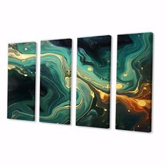 three abstract paintings with gold and green colors