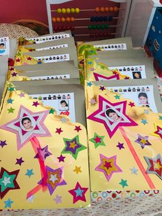 some paper bags with pictures and stars on them