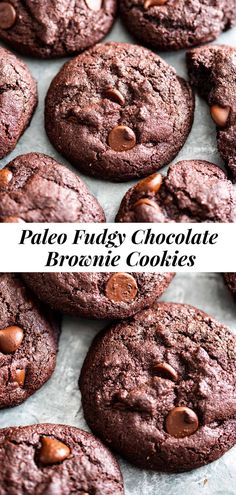 chocolate cookies are piled on top of each other with the words paleo fudge chocolate brownie cookies