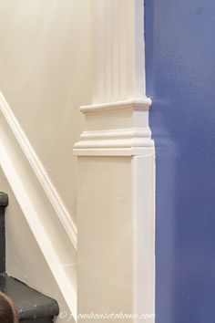 Column Moulding, Stairwell Decorating Ideas, Benjamin Moore Ivory White, Chair Rail Molding, House To Home, Sewing Room Storage, Door Casing