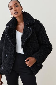 Touchably Soft And Undeniably Cozy, This Teddy-Style Jacket Combines Of-The-Moment Faux Fur With Oversized Lapels And Double-Breasted Closures. Inspired By Retro Borg Styles, It Makes The Perfect Plus-One For Any Occasion As Soon As Temperatures Start To Plummet. Chic Outerwear With Faux Fur Lining And Lapel Collar, Teddy Style, Jacket Collection, Coat Black, Short Coat, Karen Millen, Fashion Face, Black Coat, Puffer Jacket