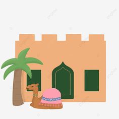 a camel standing next to a palm tree in front of a building with a door and window