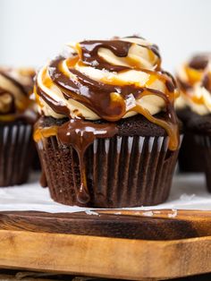 chocolate cupcakes with caramel drizzle on top