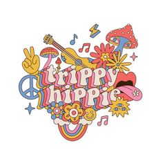 the words happy hippie are surrounded by colorful doodles and music notes on white paper